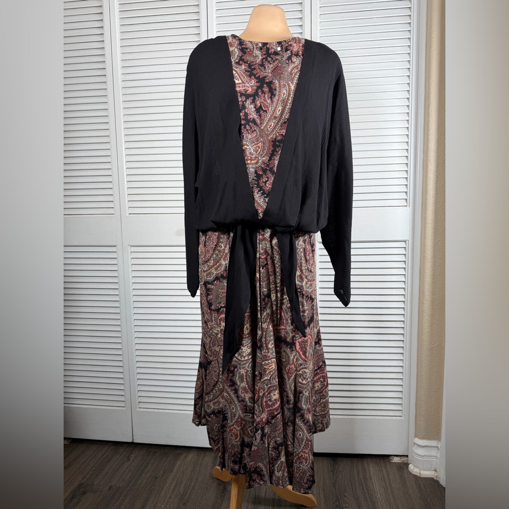 Vintage Carole Little Paisley Boho Maxi Dress Batwing Layered Tie Waist 14‎